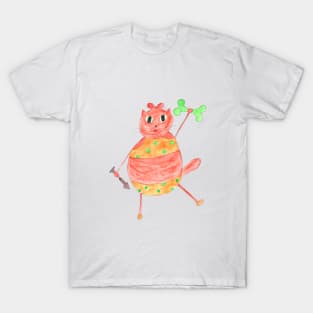 Cat athlete with dumbbells and bone from fish. Fashion trend painted in watercolor. Stylish design. T-Shirt